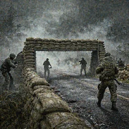 military road block with sandbags and armed soldiers during zombie apocalypse, old 3d cgi, high quality, mist, smoke, high focus, dark mood,