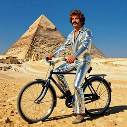 Moustache, 40th birthday, 70s disco, jumpsuits, bicycle, Egypt in the style of Roy Lichtenstein