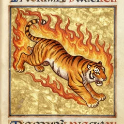 bad drawn tiger of fire with many legs flying in a medieval manuscript, medieval manuscript, golden miniatures