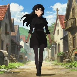 key anime visual portrait of a young female walking through a medieval village, perfect anime face, dynamic pose, dynamic perspective, detailed silhouette, detailed, intricate, face by murata range