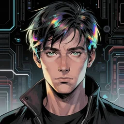 comic illustration, A portrait of Thom Yorke as a cyberpunk, iridescent highlights, background of digital greebles, highly detailed, intricate, soft, sci-fi, sharp focus, glowing lines, art by Moebius