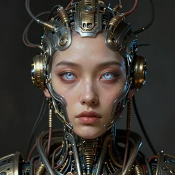 beautiful bio punk woman_integrating_with_technology_full_face_insipiring_detailed_intricate_ornate_cables_connected_to_head_big_open_electric_eyes_ the_singulairty by android jones