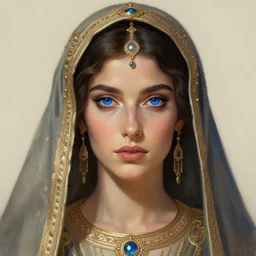 portrait of saint alia atreides of the knife, her eyes are dark blue, blue eyes of the ibad, dune, arab culture inspiration, oriental, science fiction, frank herbert, intricate, elegant, highly detailed, digital painting, artstation, concept art, sharp focus, illustration, art by artgerm and greg rutkowski and alphonse mucha