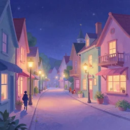 curved perspective digital art of a summer night small town street pastel colors from tim burtons nightmare before christmas by petros afshar, 1 5 º camera angle