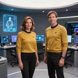 a woman standing next to a man in a room full of star trek computers, a hologram by glen orbik and by mark zug and by david schleinkofer and by john avon and by jerome podwill, polycount, holography, reimagined by industrial light and magic, tesseract, playstation 5 screenshot
