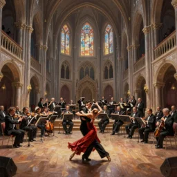 painting of a tango orchestra performance in a gigantic church, epic, cinematic composition, ultra detailed, 4 k, ( distant shot ), dramatic lighting, trending on artstation