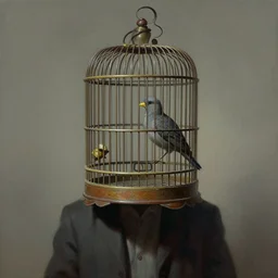 a person with a birdcage instead of head by frank frazzetta