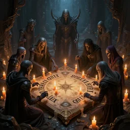 necromancers using ouija board surrounded with melting candles in unitomb, dark fantasy, scifi, volumetric lights, intricate, intense detail, digital painting, artstation, concept art, smooth, soft shading, cinematic, hyperealistic, illustration, style of h. r. giger, 3 d 4 k