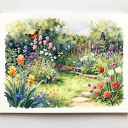 a butterfly garden, watercolor on paper, high detail, hyperrealism, photo realistic, masterpiece, trending on artstation,