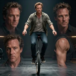 hyperrealistic dslr film still of sean penn riding a unicycle, stunning 8 k octane comprehensive 3 d render, inspired by istvan sandorfi & greg rutkowski & unreal engine, perfect symmetry, dim volumetric cinematic lighting, extremely hyper - detailed, incredibly real lifelike attributes & flesh texture, intricate, masterpiece, artstation, stunning