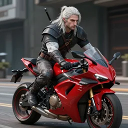 geralt of rivia from witcher 3 rides cool red sports bike, 4 k, hyperrealistic cosplay, unreal engine
