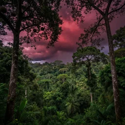 it is a large landscape of a dense, jungle habitat. the trees are tall and intertwined. fruit hangs from the overhanging branches. the sky is an ominous dark red, and black and purple storm clouds swirl overhead.