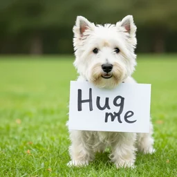a westie holding a sign that says hug me
