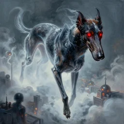 very oily aggressive painting of a demon borzoi with glowing red eyes floating above the clouds looking down on humanity, borzoi, venom movie, ghostly form, cities below him, transparent, d & d, highly, in the style of frank miller, detailed art, digital art, art stations, concept art, sharp focus, illustration, cinematic lighting, paint smears