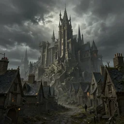 extreme long shot concept art depicted old english majestic town, dramatic mood, overcast mood, dark fantasy environment, detailpunk, art inspired by league of legends and arcane, style by jason engle and jordan grimmer, trending on artstation, unreal engine, golden ratio, spectacular composition, realistic architecture
