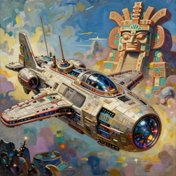anime aztec cyberpunk spaceship, intricate oil painting by greg rutkowski, trending on artstation