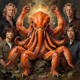 symmetrical zoological portrait of orange cthulhu by kuldar leement and ruan jia and brad rigney and micha karcz and brad rigney
