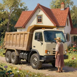 classic oil painting, a dump truck inside grandma's house, as a dnd character, cottagecore, highly detailed, digital illustration, concept art, smooth, sharp focus, art by greg hildebrandt, and tim hildebrandt