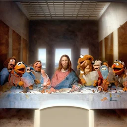 high quality ,the last supper but with Muppets in leonardo da vinci stayl