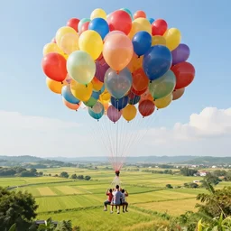 large colorful balloons with people on rope swings underneath, flying high over the beautiful countryside landscape, professional photography, 8 0 mm telephoto lens, realistic, detailed, digital art, unreal engine