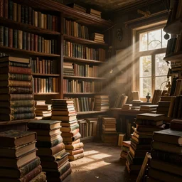old vintage book shop, warm light with dust in the air, old books everywhere, inctricate detail, ultra realistic, cinematic lighting, moody, octane render, unreal engine