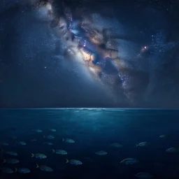 i am at the bottom of the ocean looking up, see fishes swimming, the milk way up above, night time, midnight. highly detailed painting by gaston bussiere, greg rutkowski 8 k
