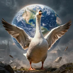 the huge goose god is going to destroy the world, epic lighting, composition, highly detailed