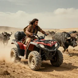 solo ancient indian tribesman hunting on atv, chase of buffalo herd ,attacking, action scene, an epic fantasy, dramatic lighting, cinematic, establishing shot, extremely high detail, photorealistic, cinematic lighting, artstation, octane render, by simon stalenhag, horizon forbidden west,old photo, high speed photography, vintage, mad max