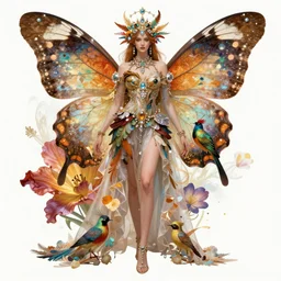 Character concept spot illustrations of fashion with the aesthetic of butterfly wings and exotic birds and exotic flower petals, full-body, bloom, dynamic poses, diaphanous cloth, intricate crystalline and feather jewelry, ornate, filigree, arcane, cinematic lighting, by Alphonse Mucha, by Artgerm, by Bouguereau, by Sakimichan, fantasy, portfolio illustration, highly detailed, trending on Artstation, CGsociety, HQ, 8k, 35mm lens, f2.8, Bokeh,