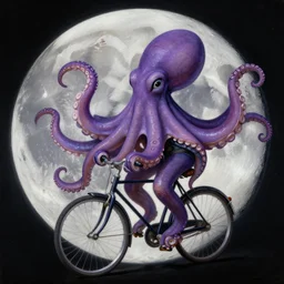 a giant purple octopus riding a bicycle on the moon. highly detailed painting by gaston bussiere, greg rutkowski, j c leyendecker 8 k