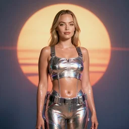 beautiful Margot Robbie wearing a Cyberpunk outfit, accurate anatomy, abstract sun in background, shiny soft skin, soft lighting, sharp details, warm colors, full body portrait, 35 mm film, subsurface scattering, lens flare