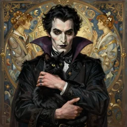 an elegant single victorian vampire holding lovingly a black cat on her arms, portrait, intricate, elegant, highly detailed, digital painting, artstation, concept art, rough, sharp focus, illustration, art by artgerm and greg rutkowski and alphonse mucha and cris ortega and serge birault