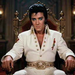 sharp, detailed, film still of elvis sitting on his throne in his castle, atmospheric lighting, in focus, blue reflective eyes, 3 5 mm macro lens, live action, nice composition