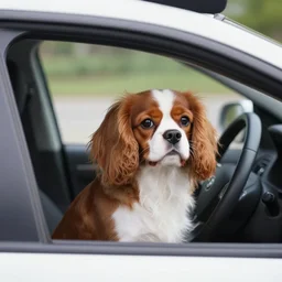 cavalier king charles spaniel behind the wheel of a car, driving a 1 9 8 0 sedan, digital art, pop art