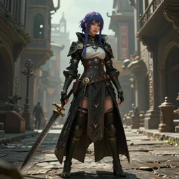 sophisticated composition, old masters light composition, procedurally generated, epic mage girl character posing for concept art, costume design from cyberpunk, ancient city streets behind her, substance designer, PBR, HD, Ultra detailed, hyperrealistic, megascans, volumetric light, concept by master artist, made in paint tool SAI2, trending pixiv face