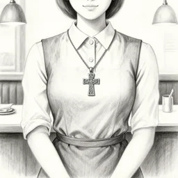 a waitress, in a restaurant, wearing a celtic cross necklace, pencil drawing
