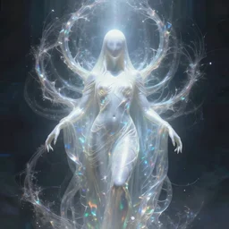 faceless, shrouded figure, powerful being, plant spirit, fractal entity, spirit guide, light being, pearlescent, shiny, glowing, ascending, chromatic aberration, prismatic, glitch art, weird, odd, surreal, smooth, lovecraft, shaman, symmetry