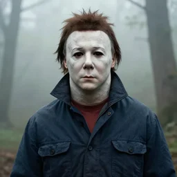 He still image of Michael Myers in the woods foggy very detailed 4K quality super realistic