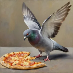 a pigeon eating a pizza with its wings, oil painting by greg rutkowski