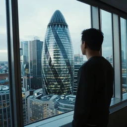 looking out of a skyscraper window at the view in a futuristic cyberpunk london