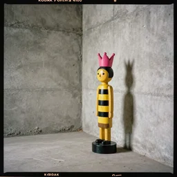 kodak portra 4 0 0, 8 k, shot of a highly detailed, britt marling style, colour still - life portrait of a large minimalistic room, rough concrete walls, the wooden statue of a yellow - black - striped little man with pink crown on his head