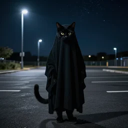 ghost of a black cat in an empty parking lot with high street lamps, starry night, hyperrealism, shutterstock, very detailed, dark colors