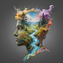 magical paint exploding and flowing like rivers from the artist's art deco head opened to reveal scenery