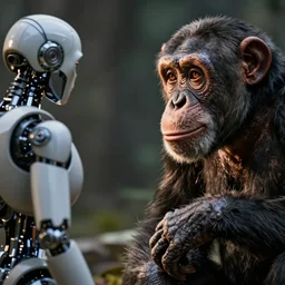 chimpanzee looking curiously at a cyborg, hd photograph