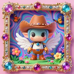 baroque gemstone bedazzled royalty frames surrounding a 3 d render of chibi cyborg goblin elf by ichiro tanida wearing a big cowboy hat and wearing angel wings against a psychedelic swirly background with 3 d butterflies and 3 d flowers, holistic medicine, arabic hong kong ad, in the style of 1 9 9 0's cg graphics 3 d rendered y 2 k aesthetic by ichiro tanida, 3 do magazine