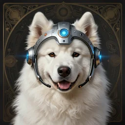 symmetry!! portrait of a samoyed dog, sci - fi, tech helmet, glowing lights!! intricate, elegant, highly detailed, digital painting, artstation, concept art, smooth, sharp focus, illustration, art by artgerm and greg rutkowski and alphonse mucha