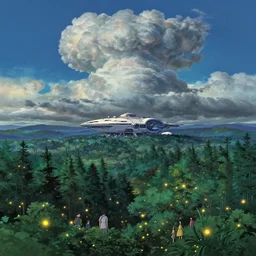 a vast ancient forest with fireflies and futuristic white temple spaceship at night and lots of cummulonimbus clouds by hayao miyazaki, makoto shinkai, moebius!, oliver vernon, joseph moncada, damon soule, manabu ikeda, kyle hotz, dan mumford, by kilian eng