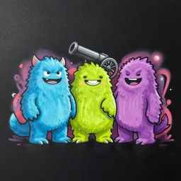 beautiful graffiti monsters with a cannon for arm black background paper