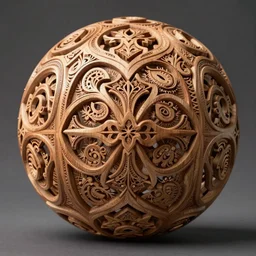 a stunning ultra detailed intricate spherical wooden sculpture made of repetitive organic and geometric shapes, paisley patterns, fractals, artstation, deep depth of field, volumetric lighting, 3 d model, 8 k