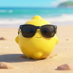 a lemon relaxing on the beach wearing sunglasses, pixar render, amazing details, cinematic composition, cinematic, 100mm, lemon in the center of the image